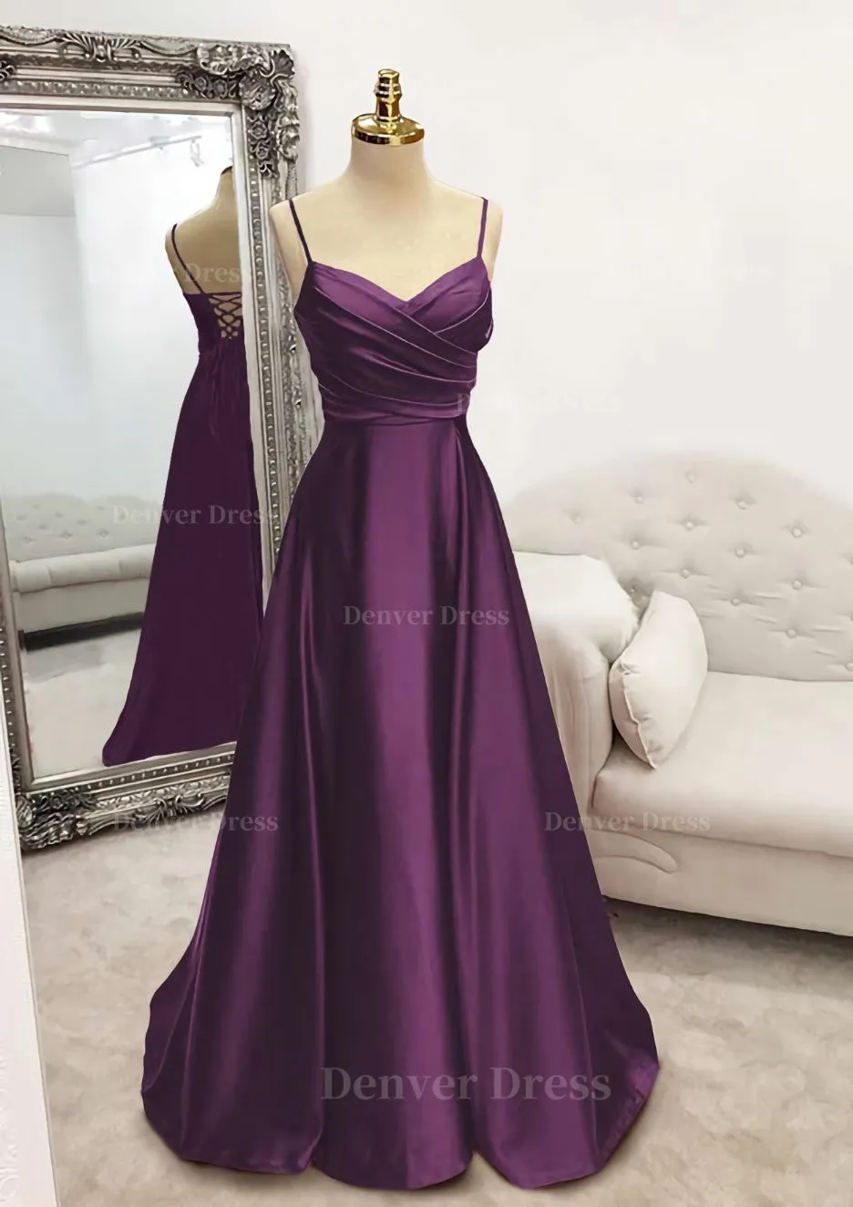 A-line V Neck Spaghetti Straps Long/Floor-Length Satin Prom Dress With Pleated
