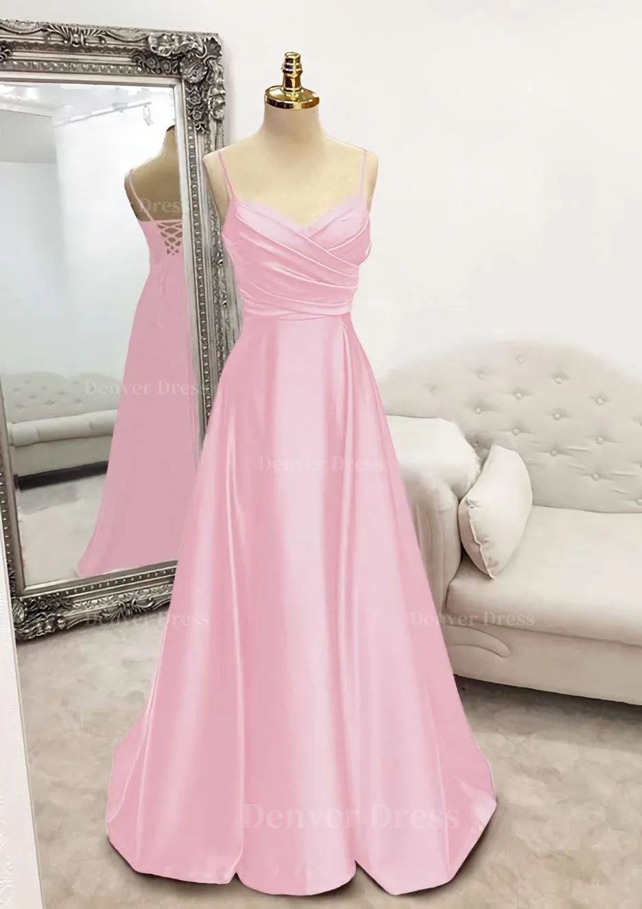 A-line V Neck Spaghetti Straps Long/Floor-Length Satin Prom Dress With Pleated