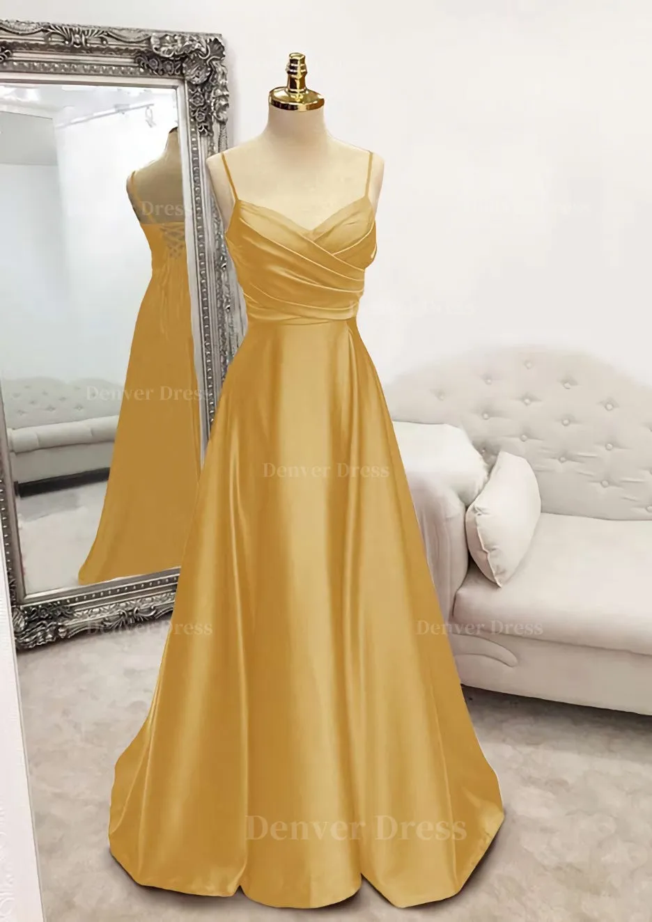 A-line V Neck Spaghetti Straps Long/Floor-Length Satin Prom Dress With Pleated