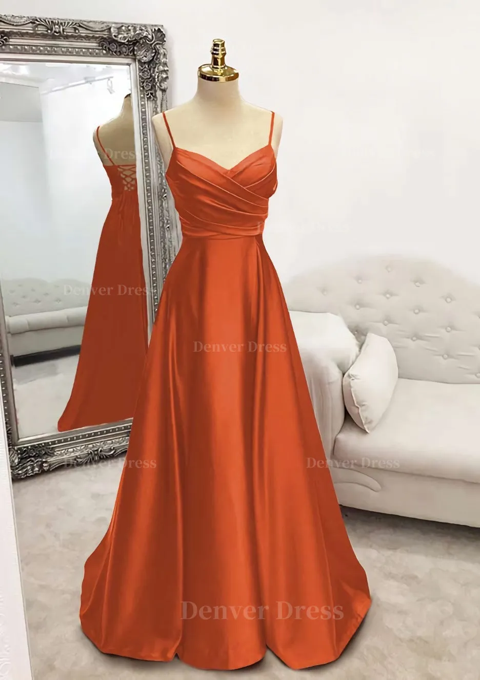 A-line V Neck Spaghetti Straps Long/Floor-Length Satin Prom Dress With Pleated