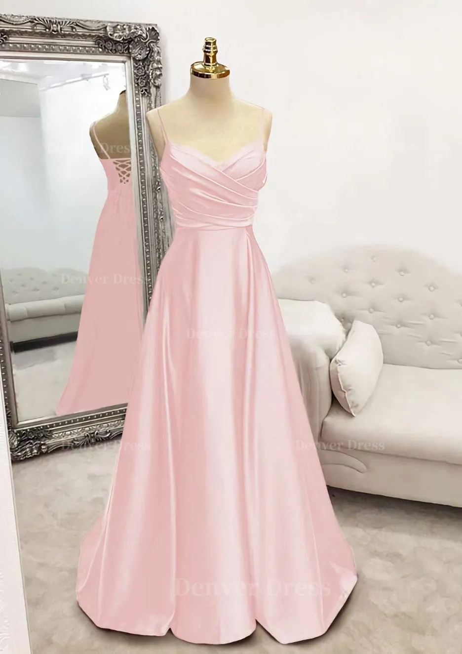 A-line V Neck Spaghetti Straps Long/Floor-Length Satin Prom Dress With Pleated