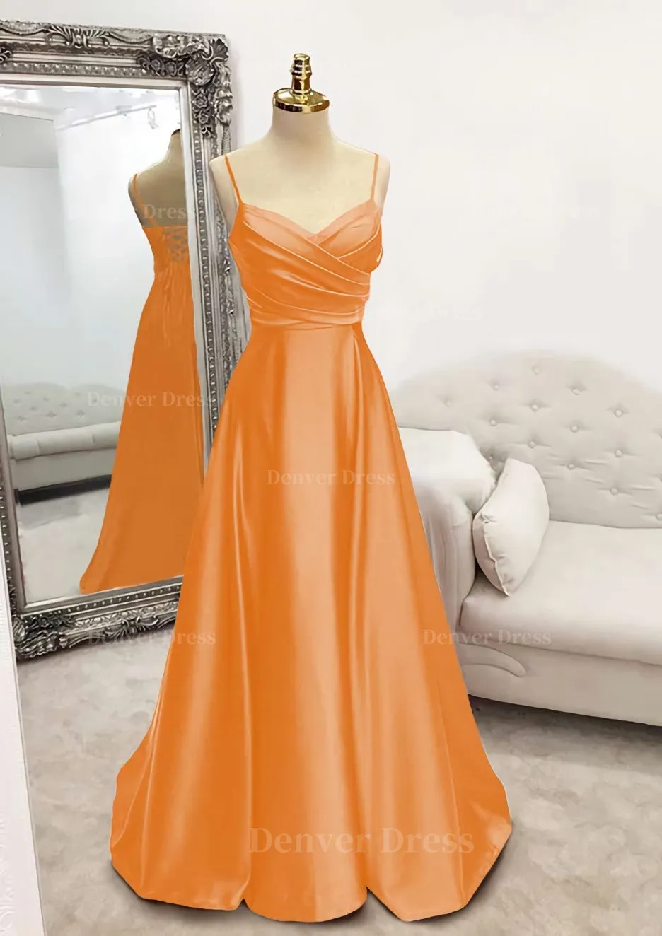 A-line V Neck Spaghetti Straps Long/Floor-Length Satin Prom Dress With Pleated