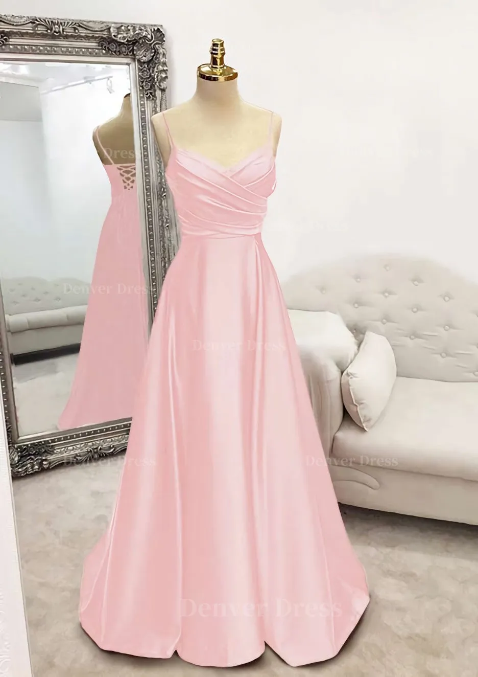 A-line V Neck Spaghetti Straps Long/Floor-Length Satin Prom Dress With Pleated