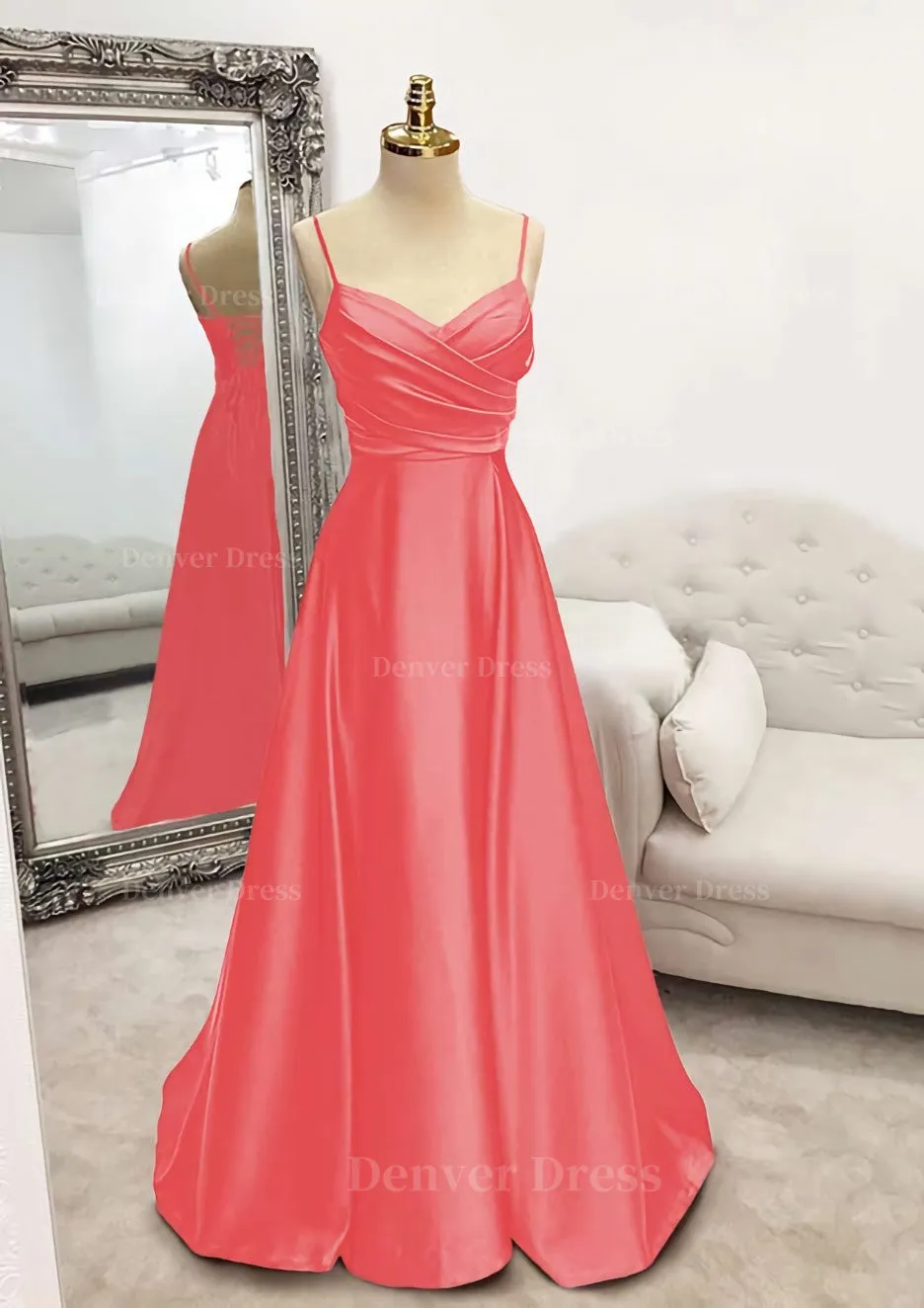 A-line V Neck Spaghetti Straps Long/Floor-Length Satin Prom Dress With Pleated
