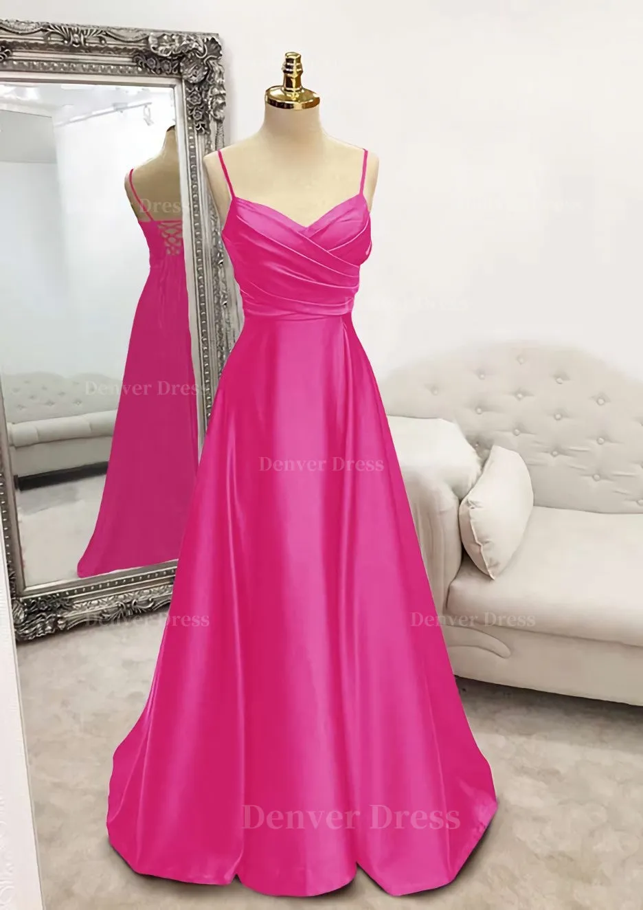 A-line V Neck Spaghetti Straps Long/Floor-Length Satin Prom Dress With Pleated