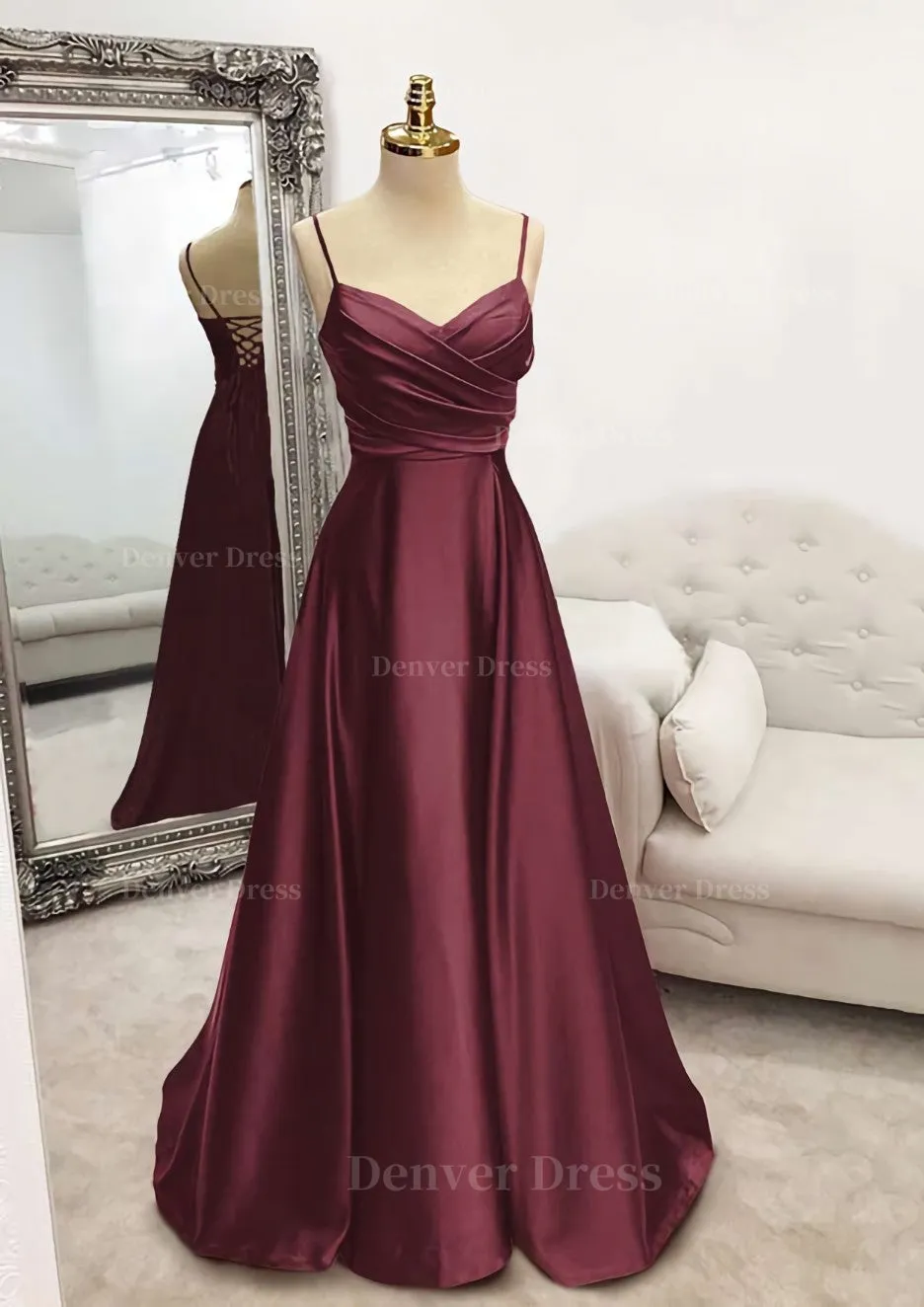 A-line V Neck Spaghetti Straps Long/Floor-Length Satin Prom Dress With Pleated