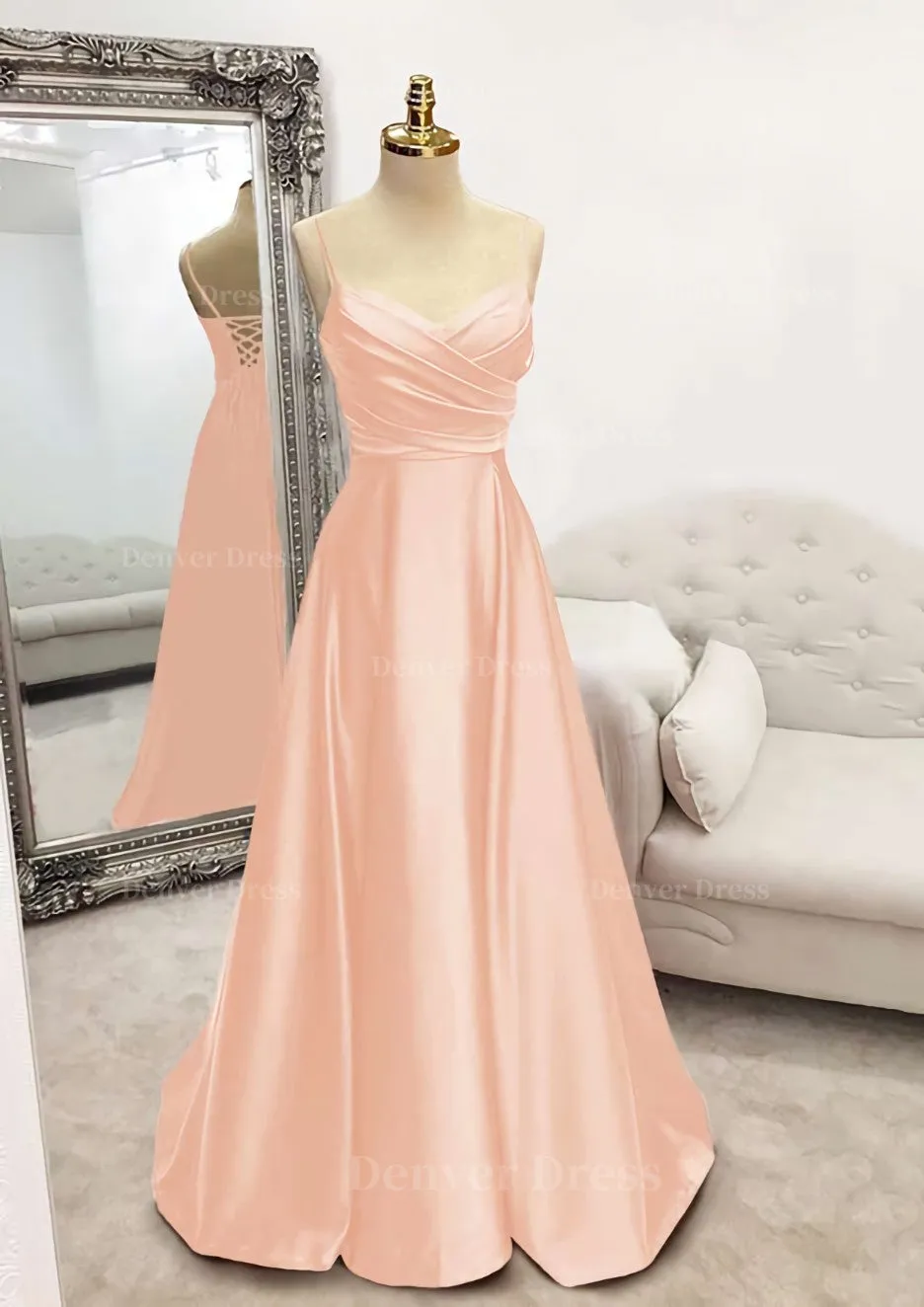 A-line V Neck Spaghetti Straps Long/Floor-Length Satin Prom Dress With Pleated