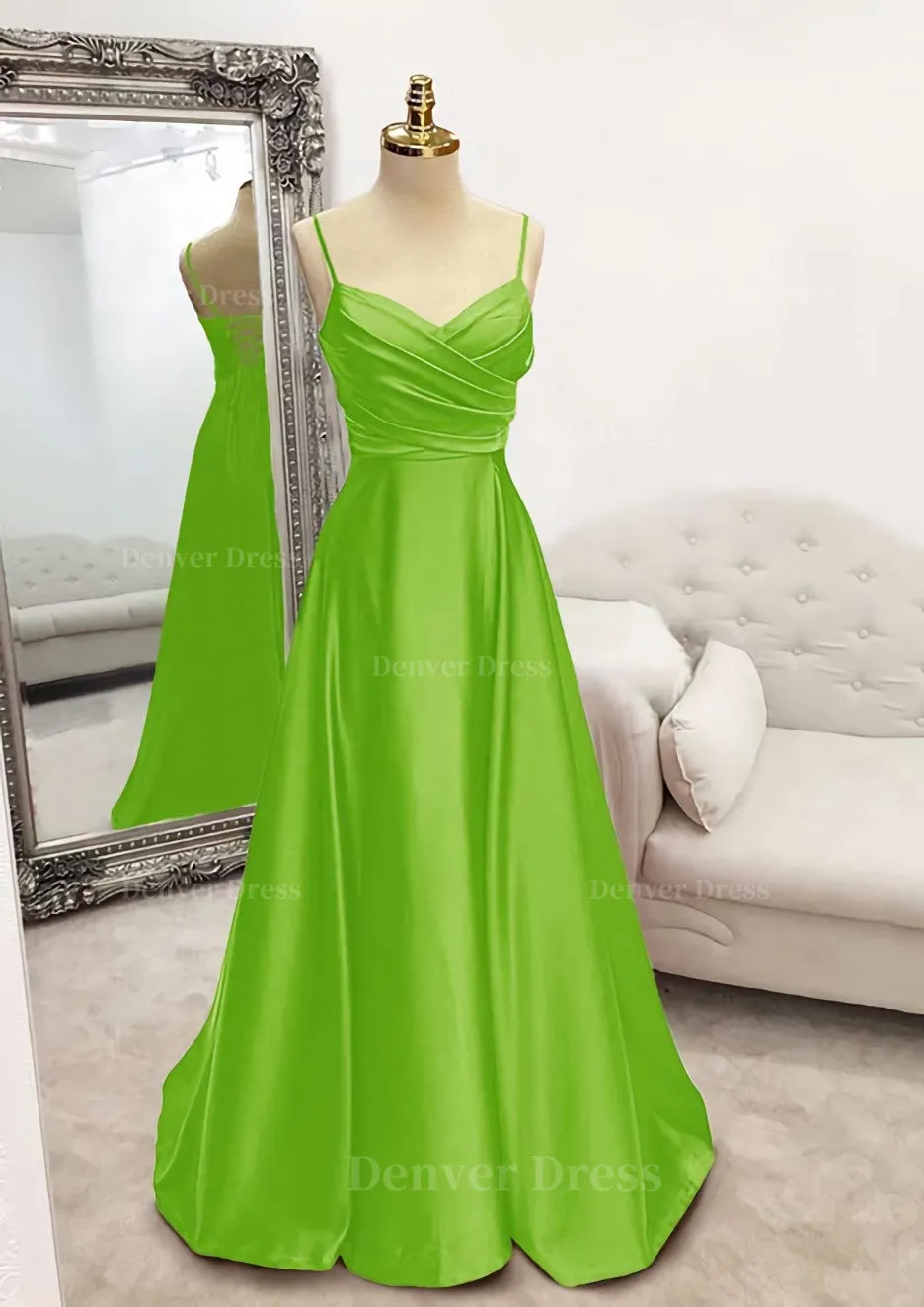 A-line V Neck Spaghetti Straps Long/Floor-Length Satin Prom Dress With Pleated