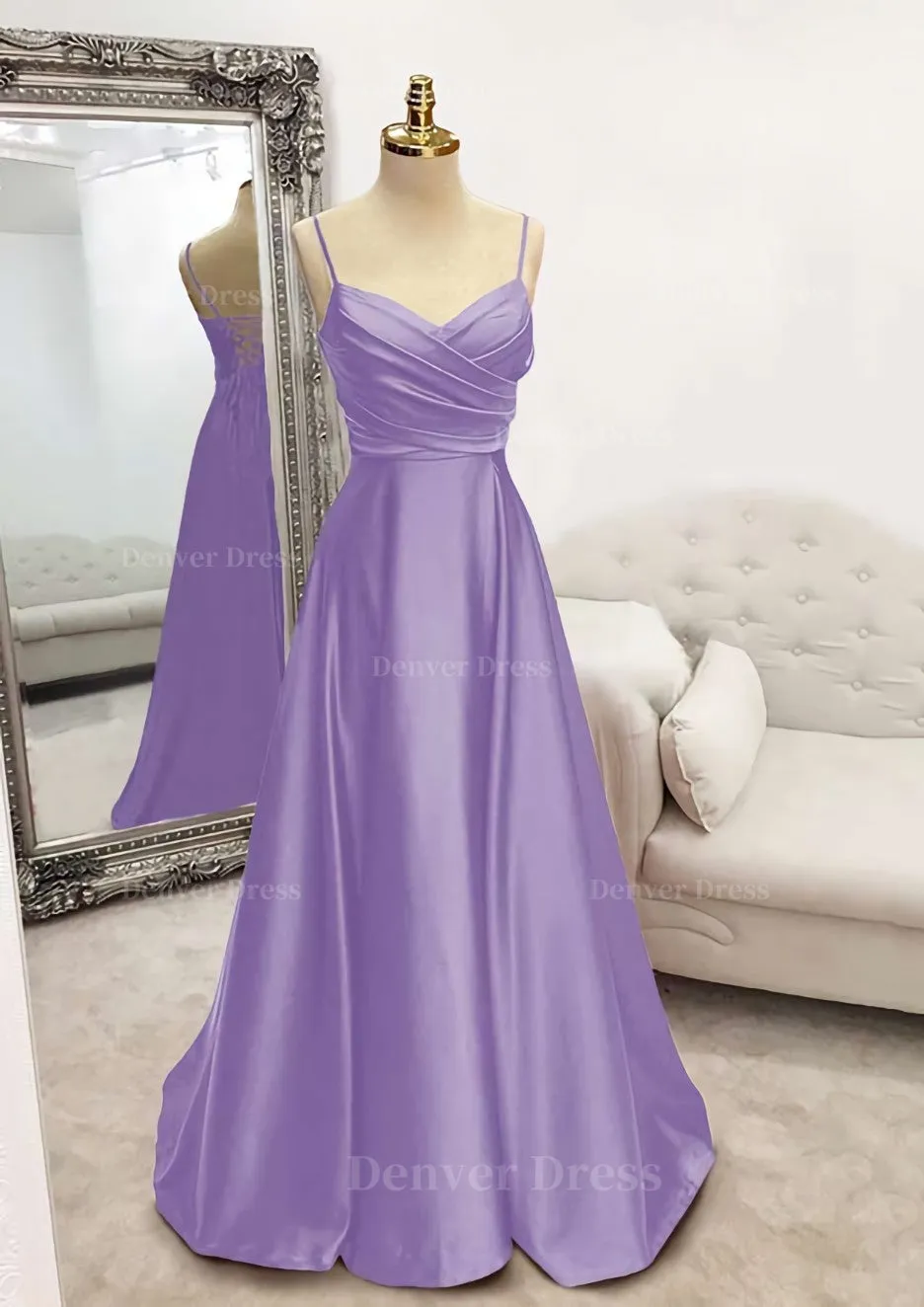 A-line V Neck Spaghetti Straps Long/Floor-Length Satin Prom Dress With Pleated