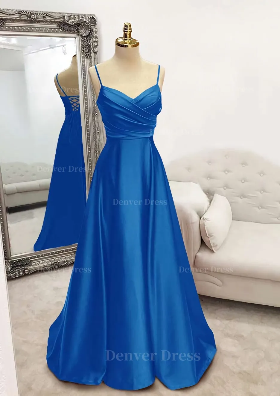 A-line V Neck Spaghetti Straps Long/Floor-Length Satin Prom Dress With Pleated