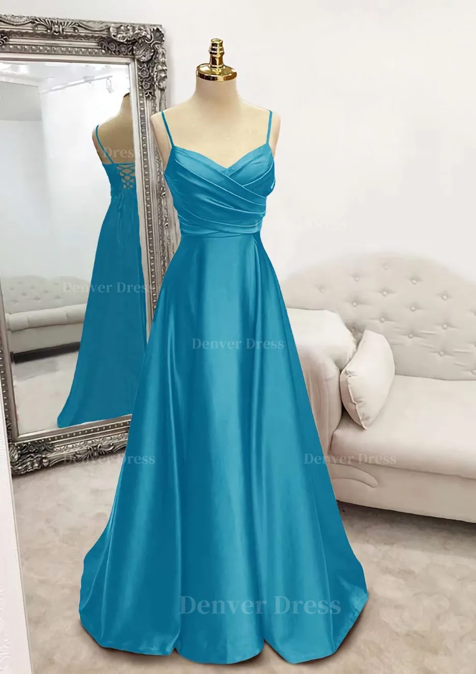 A-line V Neck Spaghetti Straps Long/Floor-Length Satin Prom Dress With Pleated