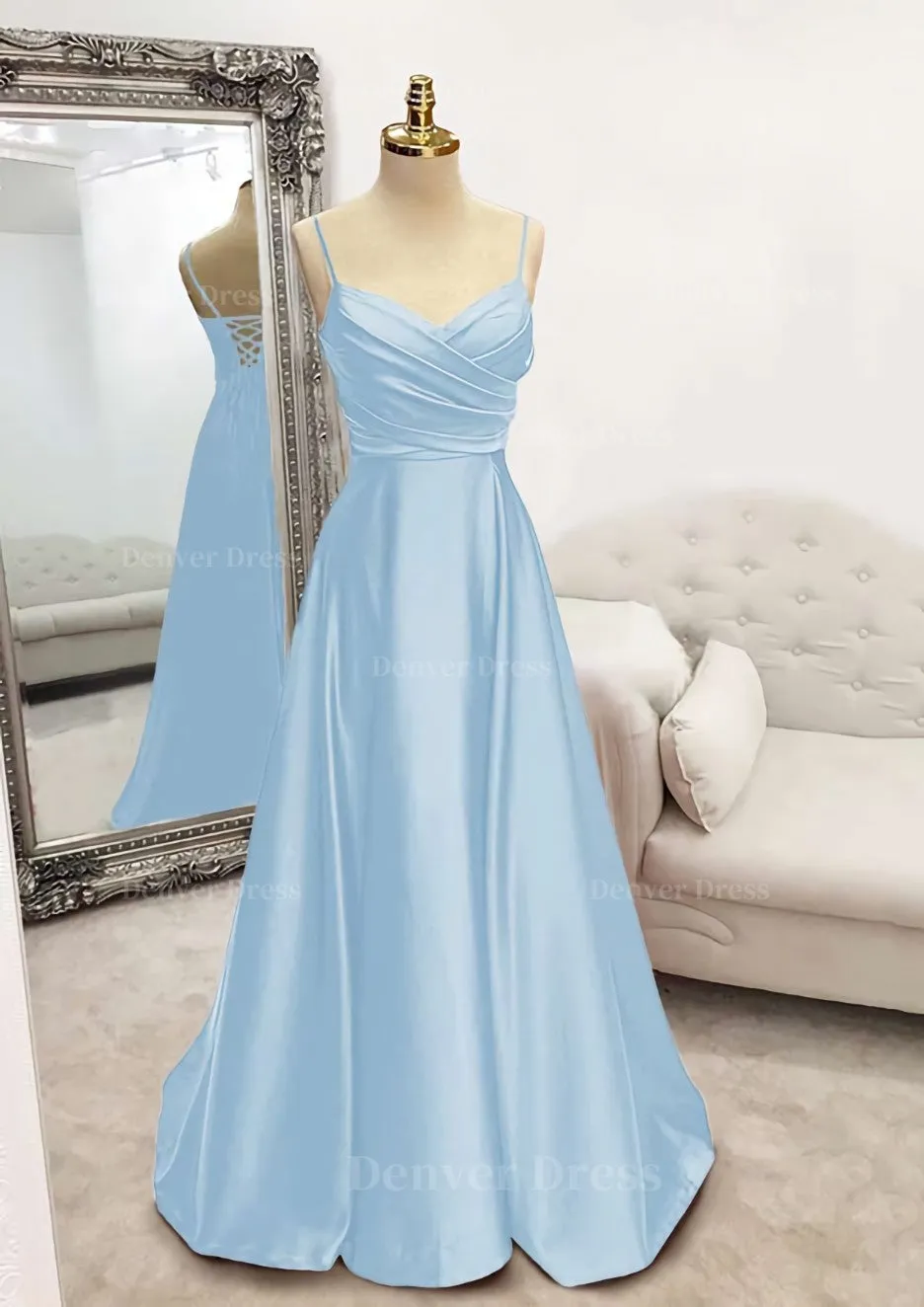 A-line V Neck Spaghetti Straps Long/Floor-Length Satin Prom Dress With Pleated