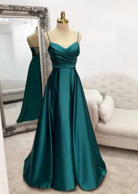A-line V Neck Spaghetti Straps Long/Floor-Length Satin Prom Dress With Pleated