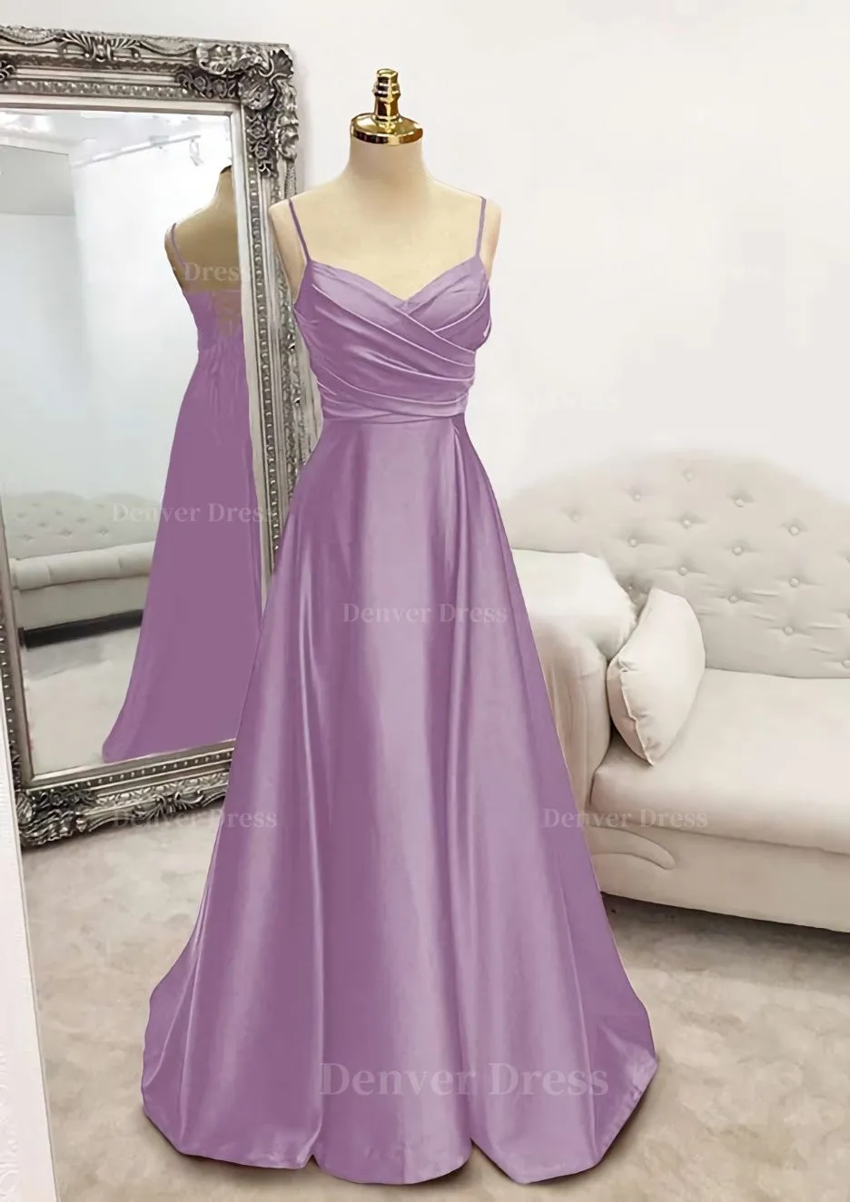 A-line V Neck Spaghetti Straps Long/Floor-Length Satin Prom Dress With Pleated
