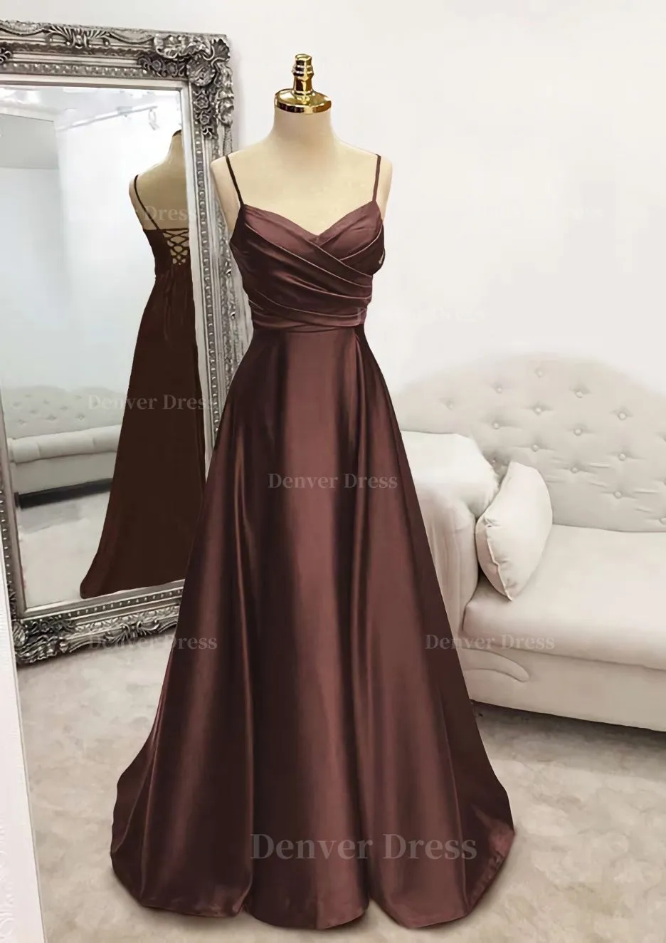 A-line V Neck Spaghetti Straps Long/Floor-Length Satin Prom Dress With Pleated