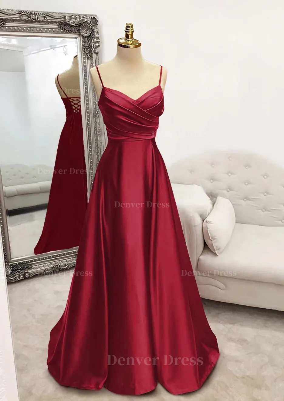A-line V Neck Spaghetti Straps Long/Floor-Length Satin Prom Dress With Pleated