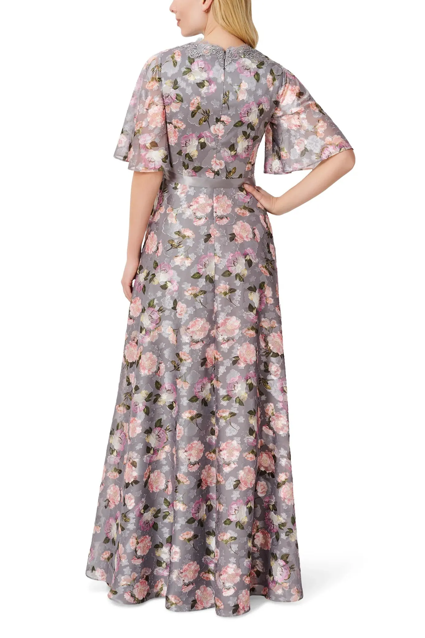 Aidan Mattox V- Neck Flutter Short Sleeves Satin Waist Tie Belt Back Zipper Floral Long Dress