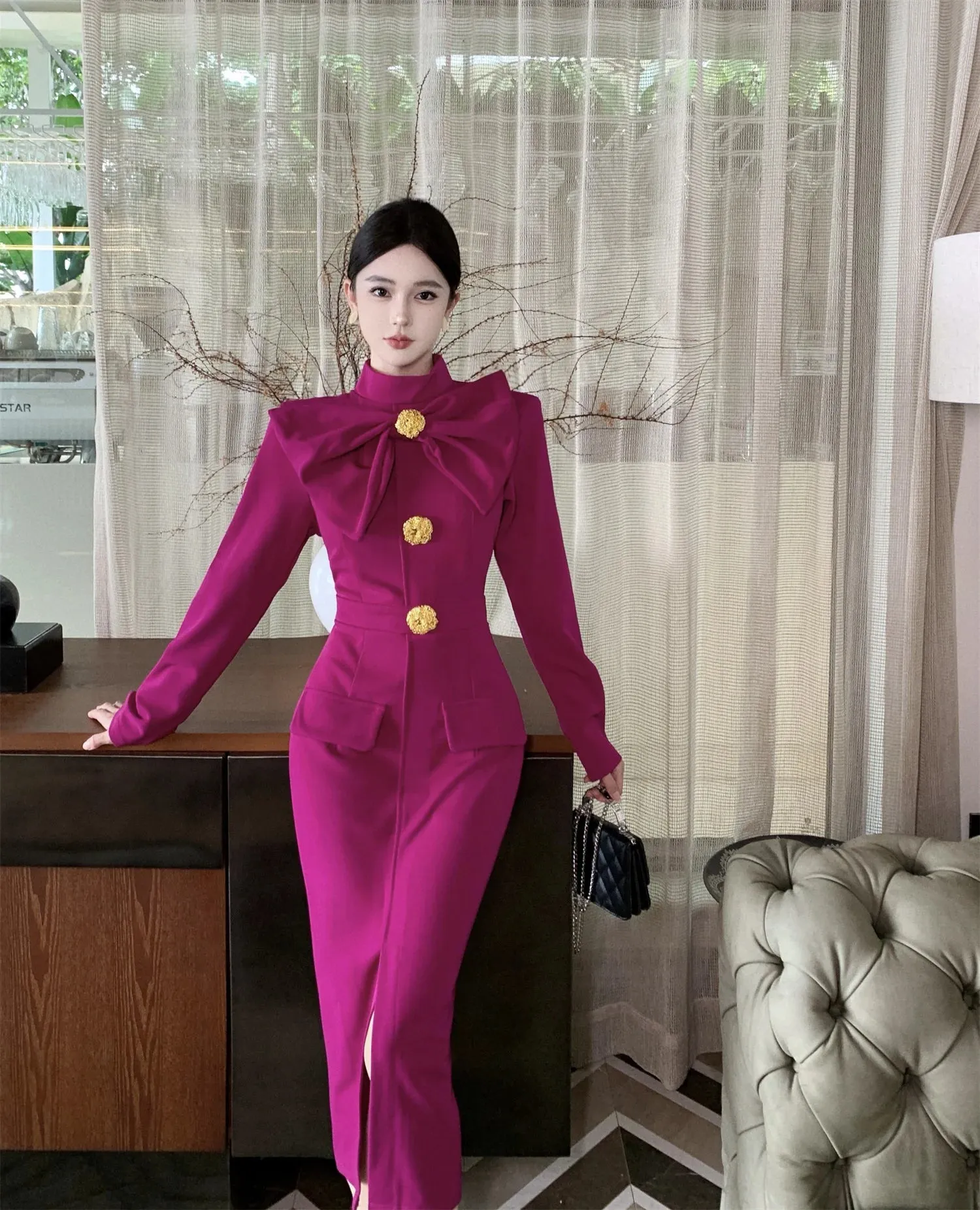 Aiertu Korea Retro Elegant Bow Stand Collar Single Breasted Dress A-line Long Sleeve Casual High Waist Dress Women Spring Autumn Dress