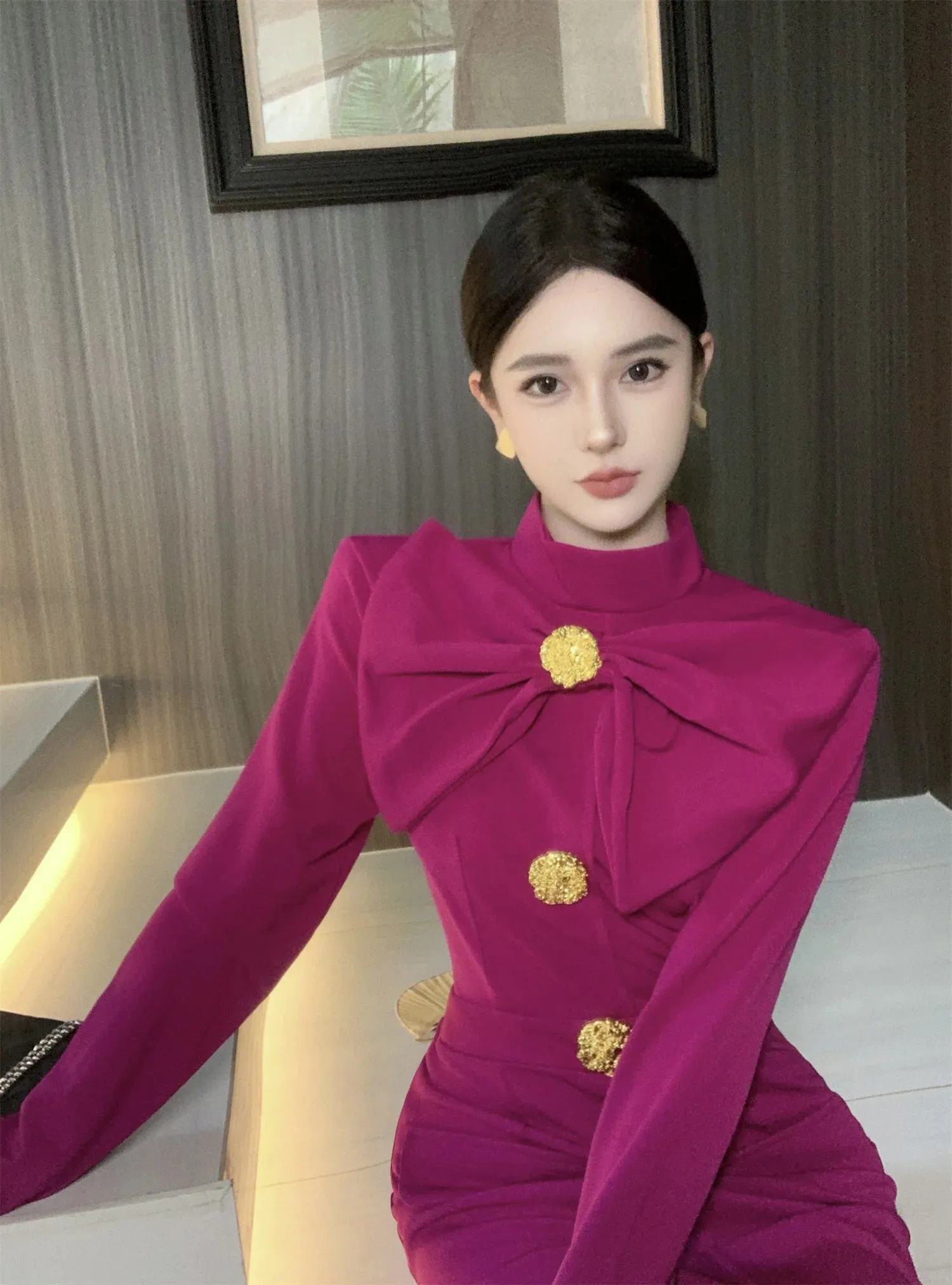 Aiertu Korea Retro Elegant Bow Stand Collar Single Breasted Dress A-line Long Sleeve Casual High Waist Dress Women Spring Autumn Dress