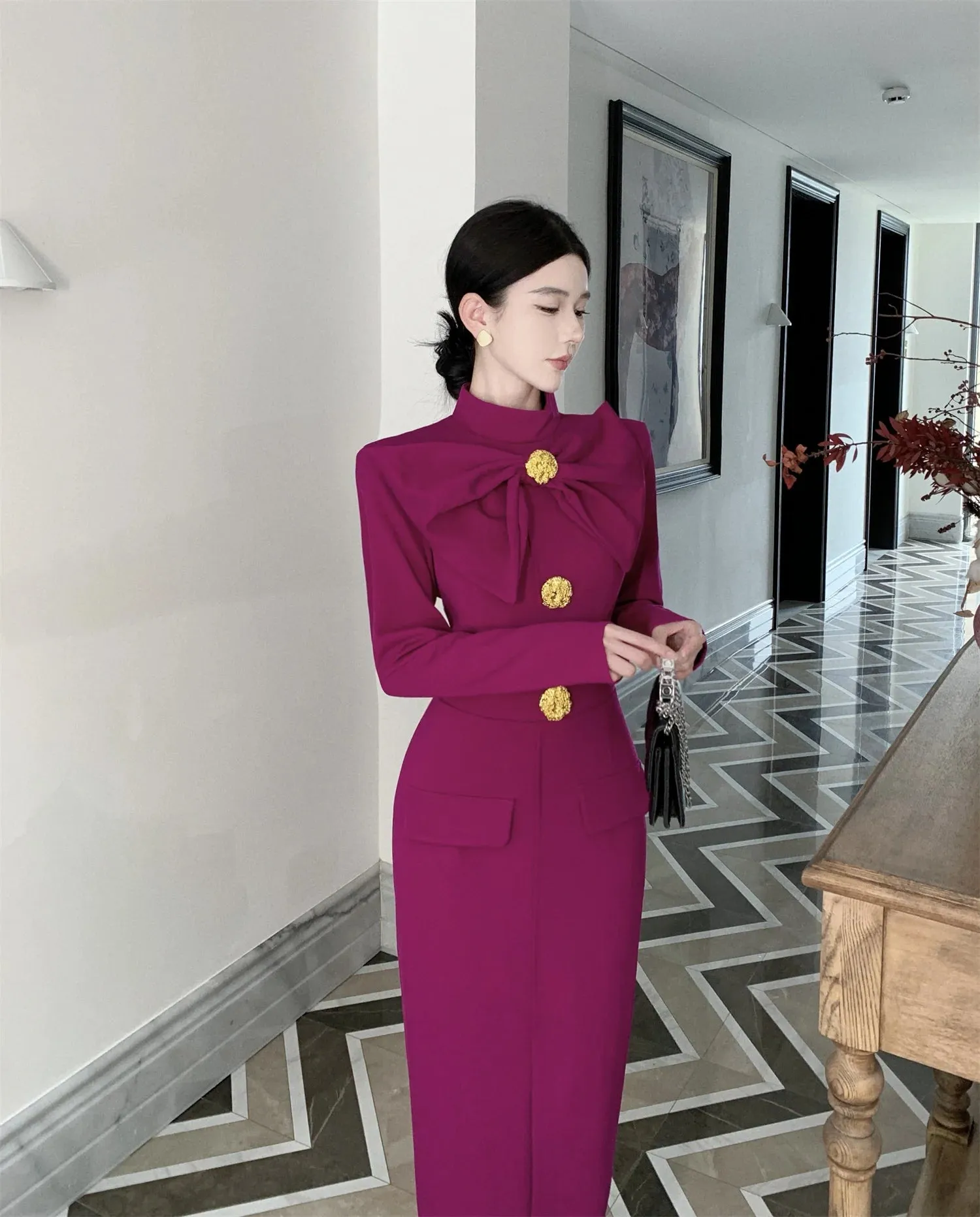 Aiertu Korea Retro Elegant Bow Stand Collar Single Breasted Dress A-line Long Sleeve Casual High Waist Dress Women Spring Autumn Dress