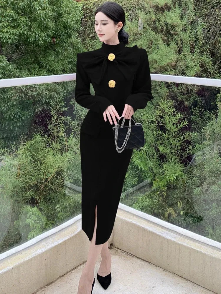 Aiertu Korea Retro Elegant Bow Stand Collar Single Breasted Dress A-line Long Sleeve Casual High Waist Dress Women Spring Autumn Dress