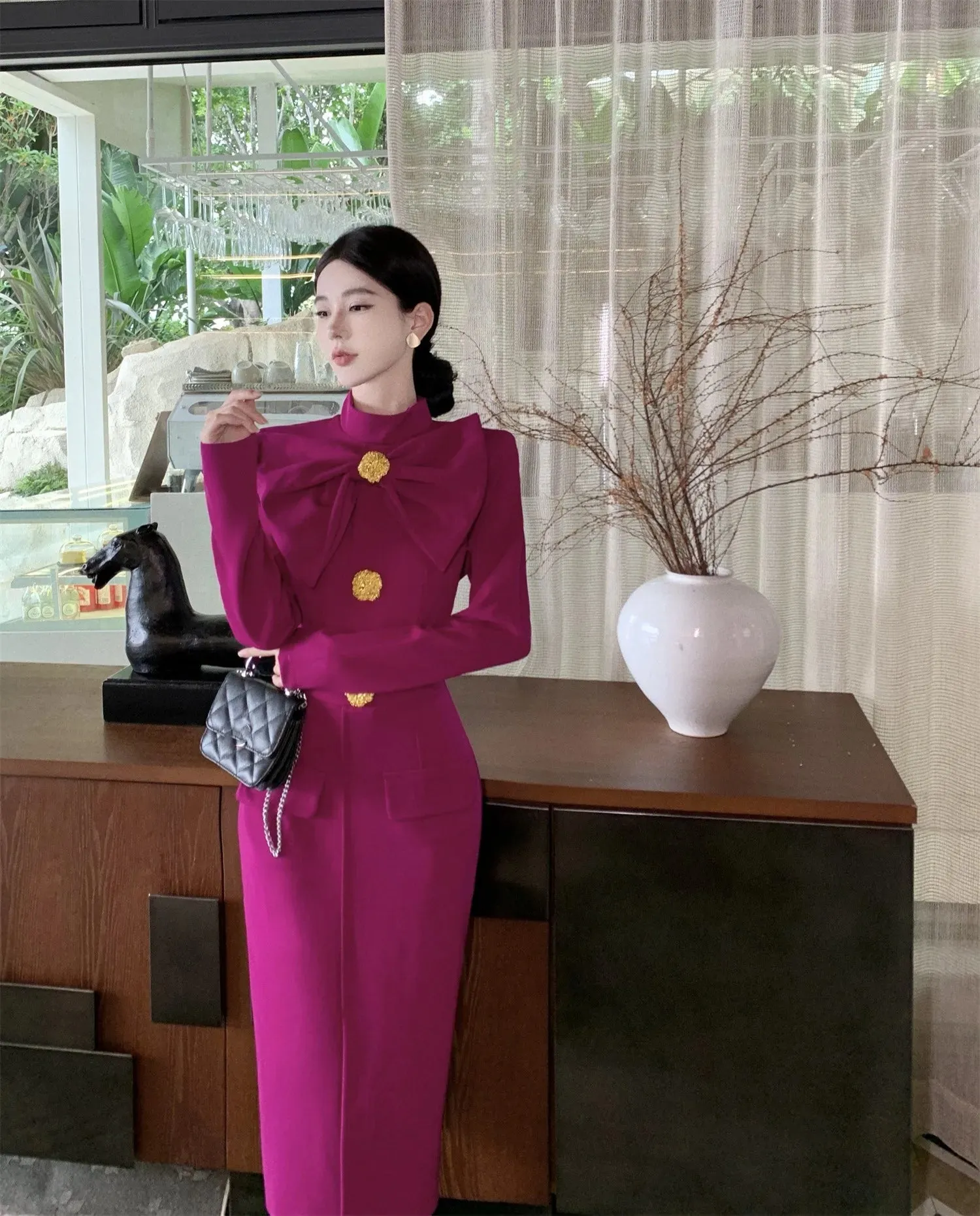 Aiertu Korea Retro Elegant Bow Stand Collar Single Breasted Dress A-line Long Sleeve Casual High Waist Dress Women Spring Autumn Dress