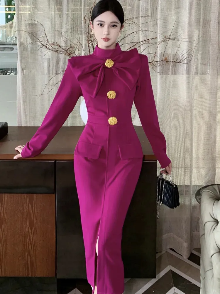 Aiertu Korea Retro Elegant Bow Stand Collar Single Breasted Dress A-line Long Sleeve Casual High Waist Dress Women Spring Autumn Dress