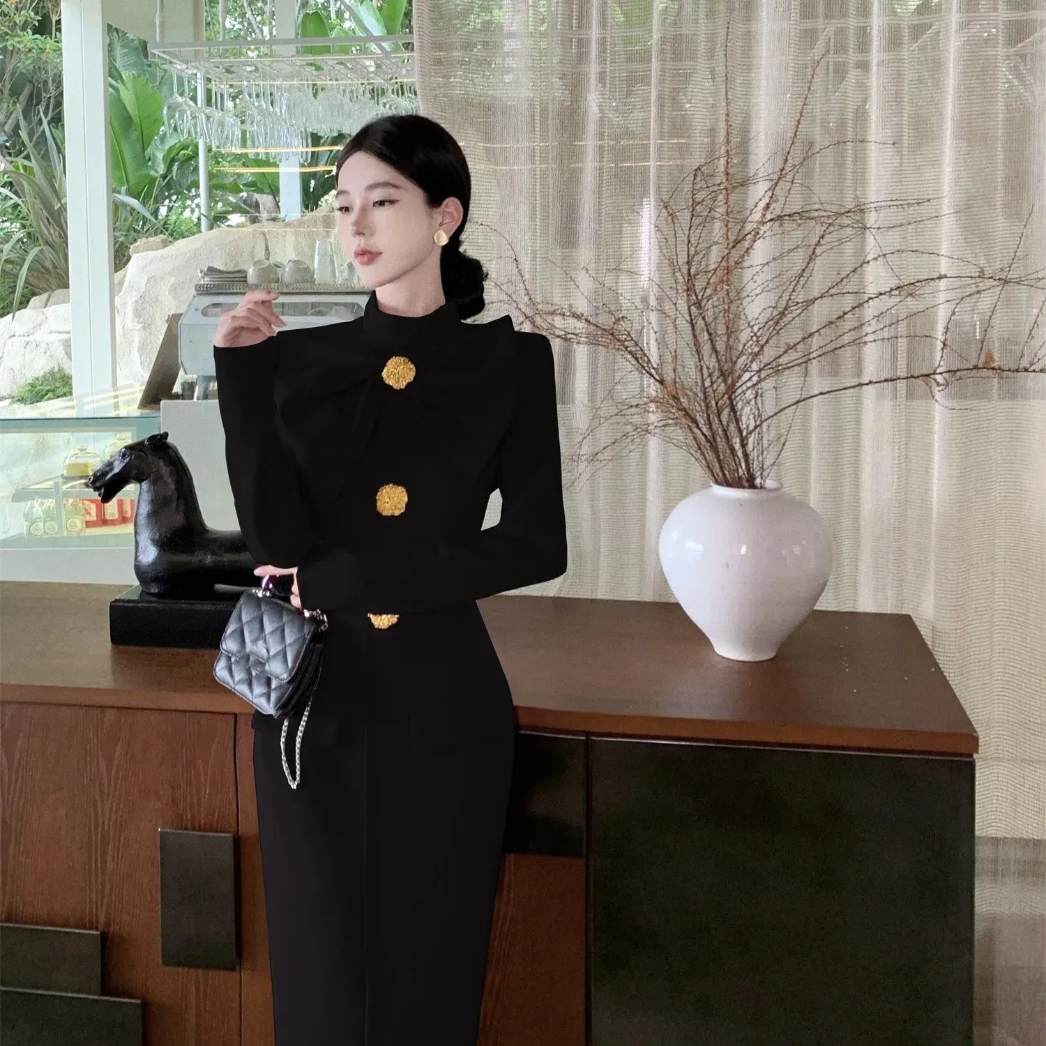 Aiertu Korea Retro Elegant Bow Stand Collar Single Breasted Dress A-line Long Sleeve Casual High Waist Dress Women Spring Autumn Dress