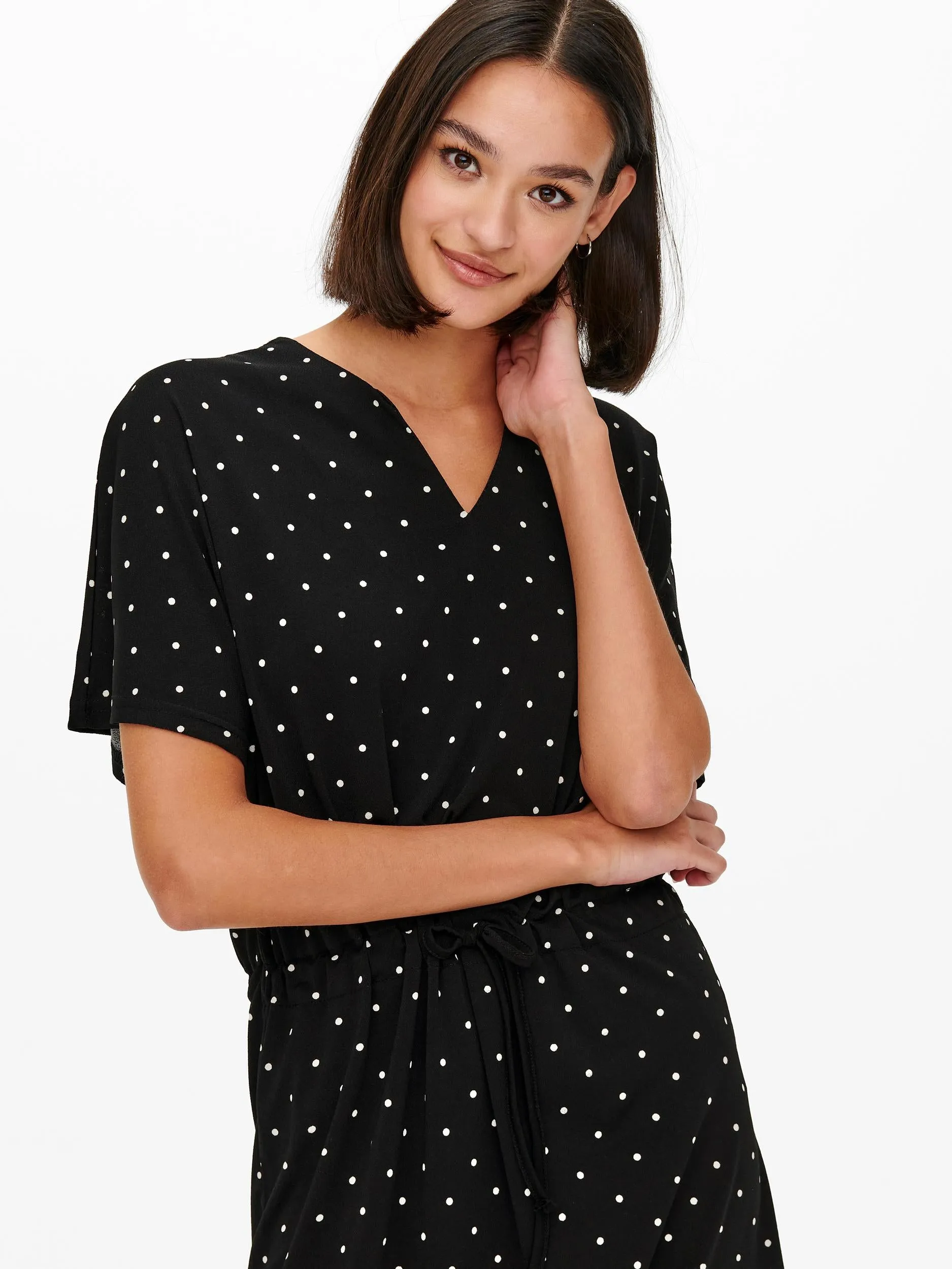 Alina Short Sleeved Dress - Black/White Dots
