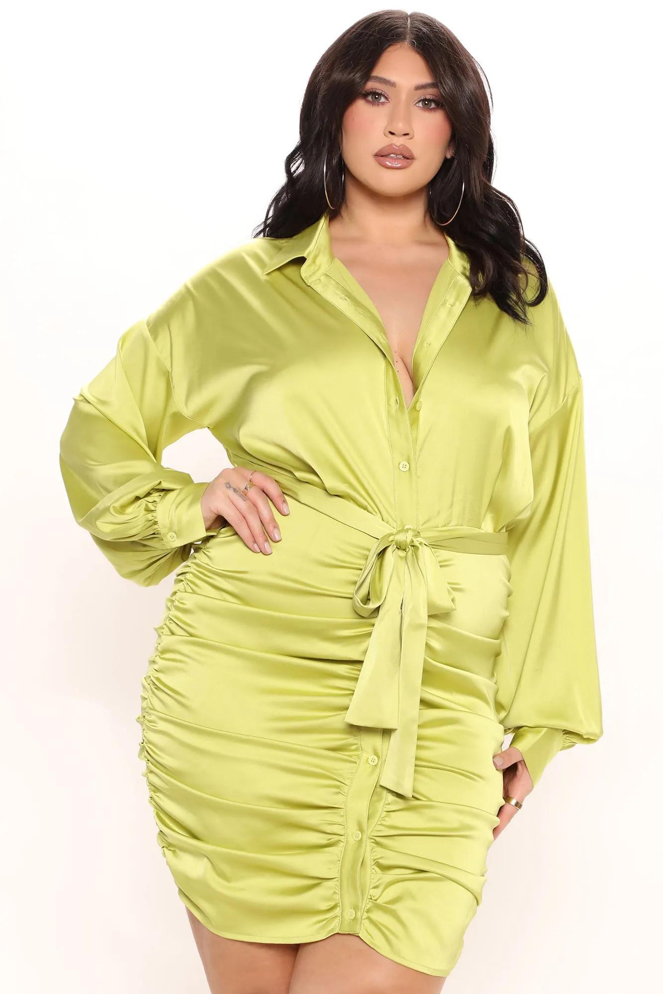 Annaith Satin Shirt Dress - Lime
