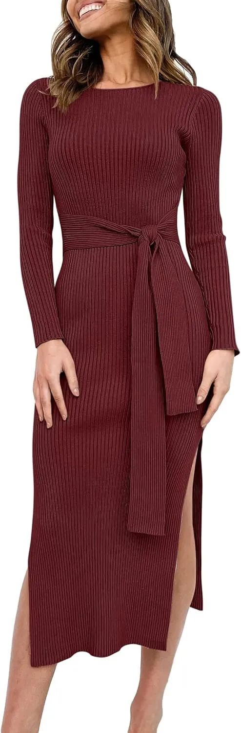 ANRABESS Womens Long Sleeve Sweater Dress Crew Neck Slim Fit Slit Tie Waist 2025 Ribbed Knit Bodycon Midi Dress Fall Outfits