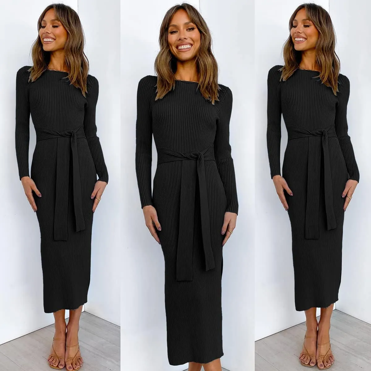 ANRABESS Womens Long Sleeve Sweater Dress Crew Neck Slim Fit Slit Tie Waist 2025 Ribbed Knit Bodycon Midi Dress Fall Outfits
