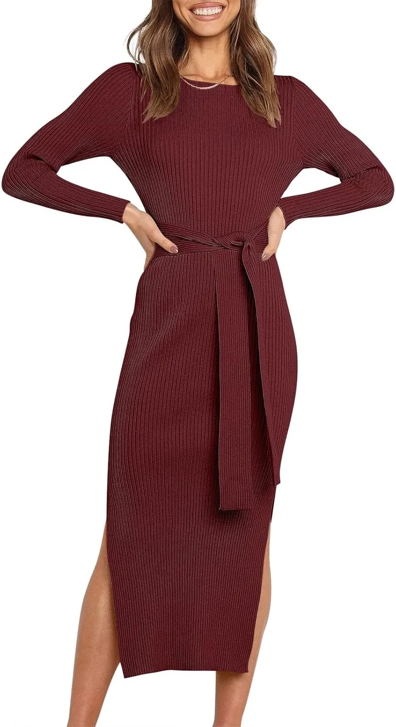 ANRABESS Womens Long Sleeve Sweater Dress Crew Neck Slim Fit Slit Tie Waist 2025 Ribbed Knit Bodycon Midi Dress Fall Outfits