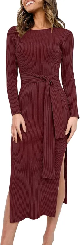 ANRABESS Womens Long Sleeve Sweater Dress Crew Neck Slim Fit Slit Tie Waist 2025 Ribbed Knit Bodycon Midi Dress Fall Outfits
