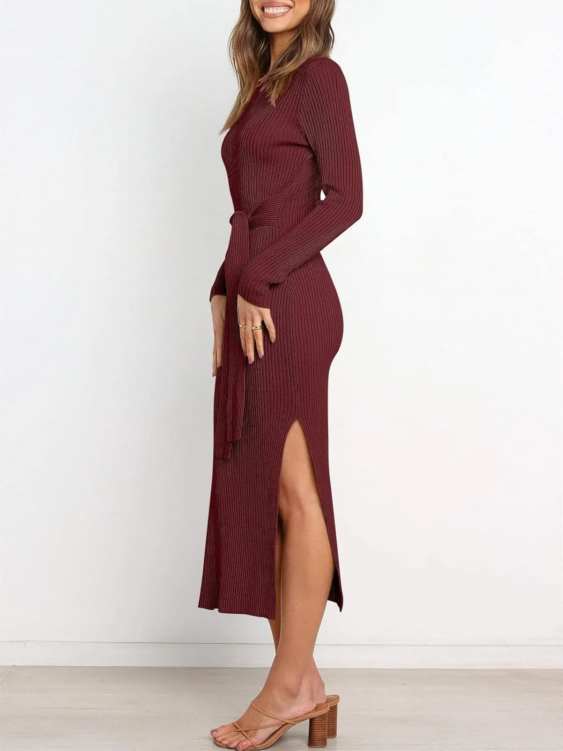 ANRABESS Womens Long Sleeve Sweater Dress Crew Neck Slim Fit Slit Tie Waist 2025 Ribbed Knit Bodycon Midi Dress Fall Outfits