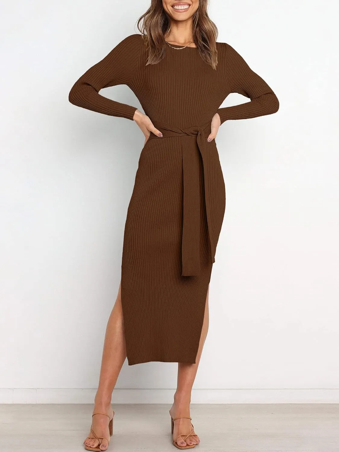 ANRABESS Womens Long Sleeve Sweater Dress Crew Neck Slim Fit Slit Tie Waist 2025 Ribbed Knit Bodycon Midi Dress Fall Outfits