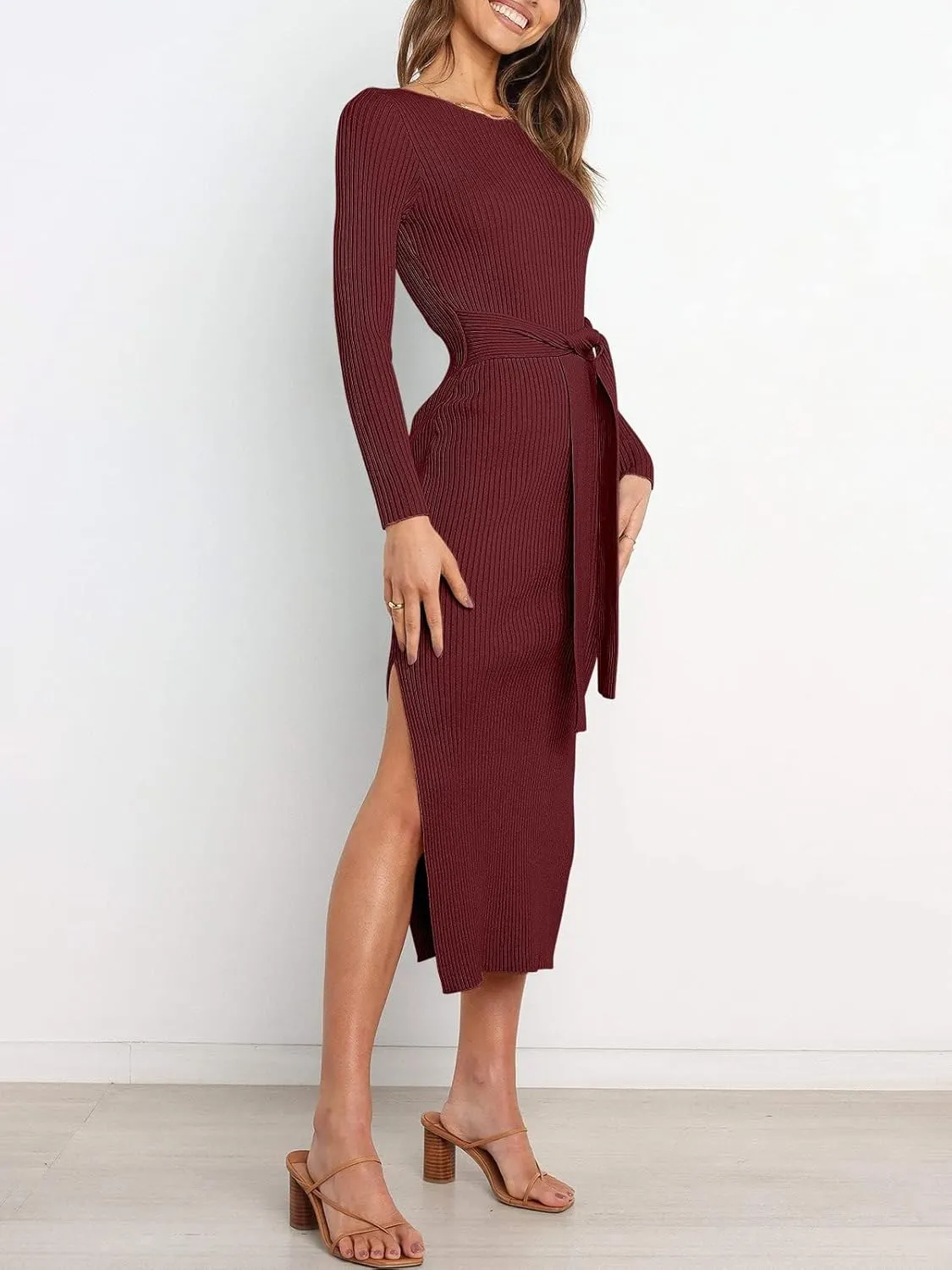 ANRABESS Womens Long Sleeve Sweater Dress Crew Neck Slim Fit Slit Tie Waist 2025 Ribbed Knit Bodycon Midi Dress Fall Outfits