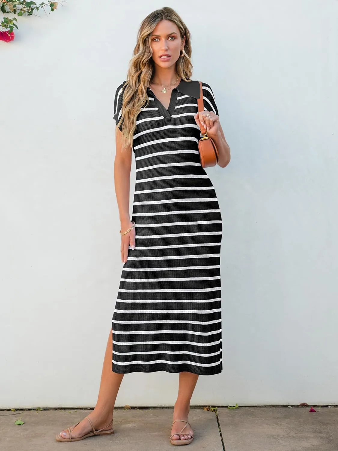 ANRABESS Women's Summer Striped Midi Dress 2025 Casual Short Sleeve V Neck Loose Knitted Side Slit Long Beach Dresses