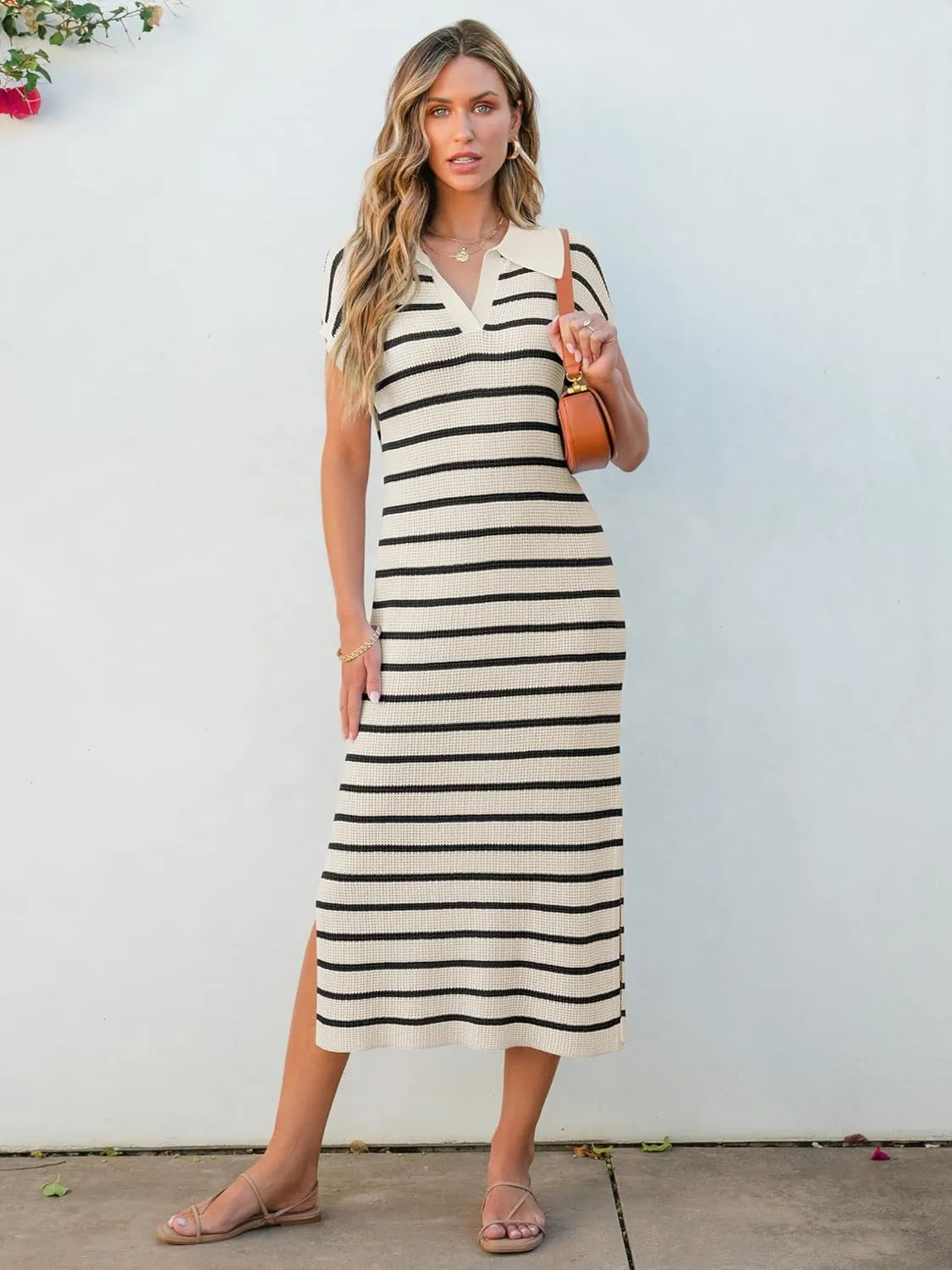 ANRABESS Women's Summer Striped Midi Dress 2025 Casual Short Sleeve V Neck Loose Knitted Side Slit Long Beach Dresses