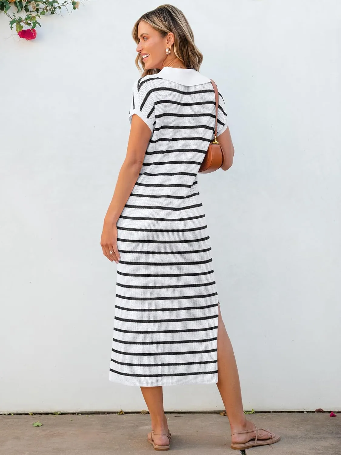 ANRABESS Women's Summer Striped Midi Dress 2025 Casual Short Sleeve V Neck Loose Knitted Side Slit Long Beach Dresses