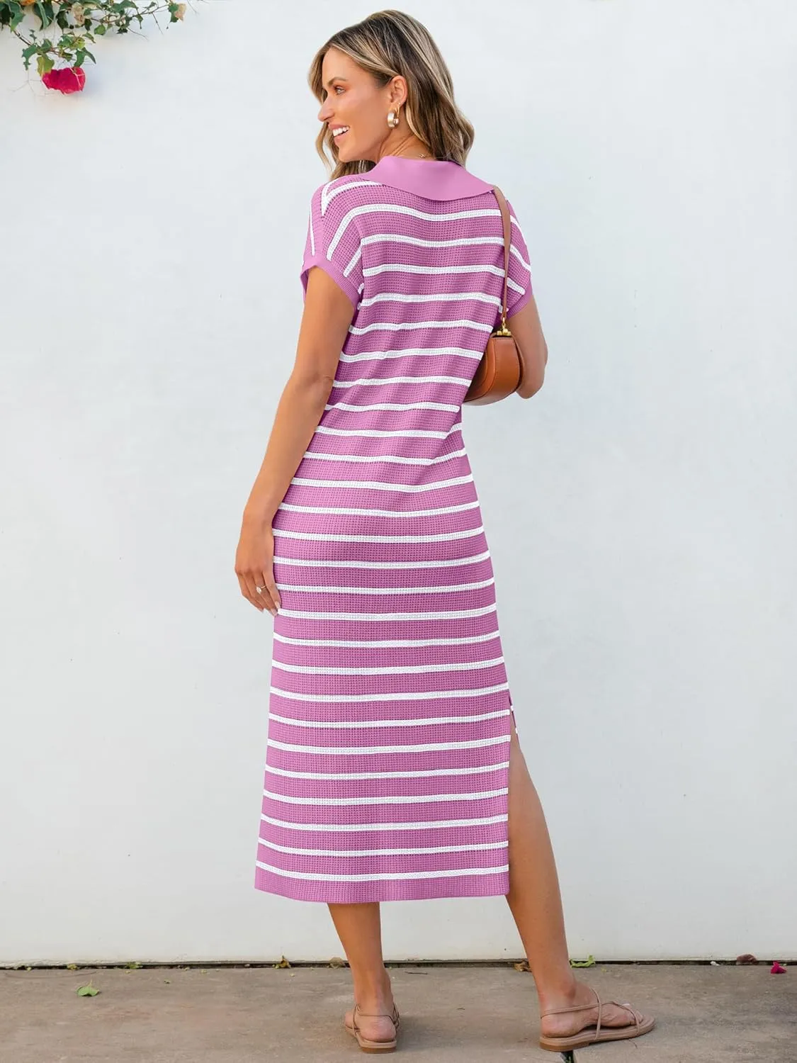 ANRABESS Women's Summer Striped Midi Dress 2025 Casual Short Sleeve V Neck Loose Knitted Side Slit Long Beach Dresses