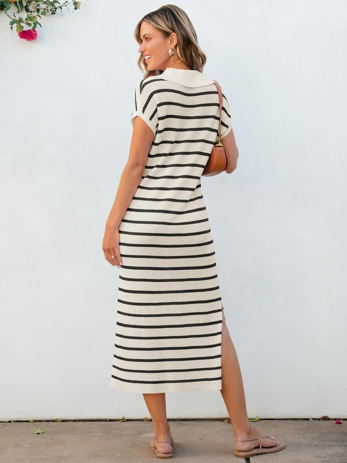 ANRABESS Women's Summer Striped Midi Dress 2025 Casual Short Sleeve V Neck Loose Knitted Side Slit Long Beach Dresses