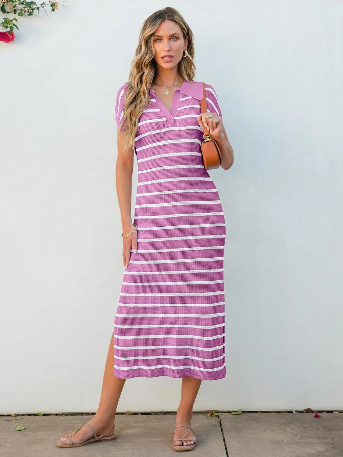 ANRABESS Women's Summer Striped Midi Dress 2025 Casual Short Sleeve V Neck Loose Knitted Side Slit Long Beach Dresses