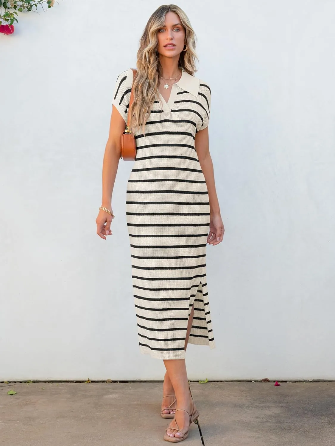ANRABESS Women's Summer Striped Midi Dress 2025 Casual Short Sleeve V Neck Loose Knitted Side Slit Long Beach Dresses