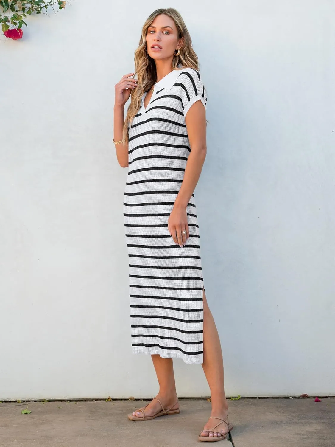 ANRABESS Women's Summer Striped Midi Dress 2025 Casual Short Sleeve V Neck Loose Knitted Side Slit Long Beach Dresses