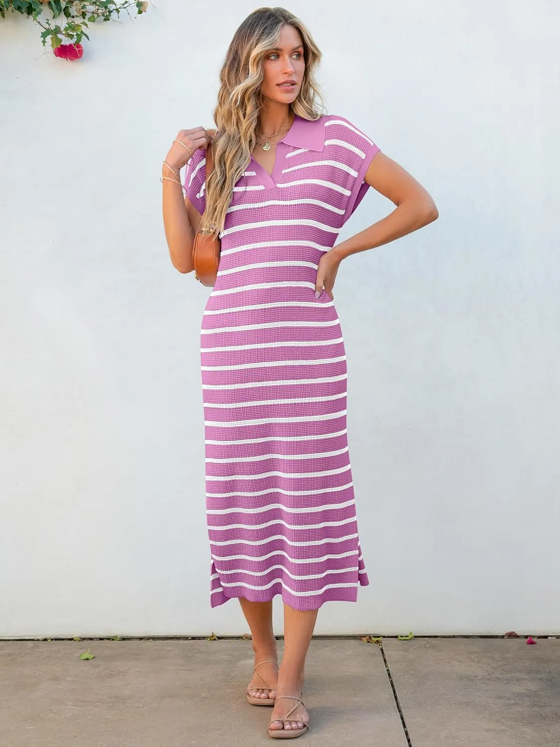 ANRABESS Women's Summer Striped Midi Dress 2025 Casual Short Sleeve V Neck Loose Knitted Side Slit Long Beach Dresses