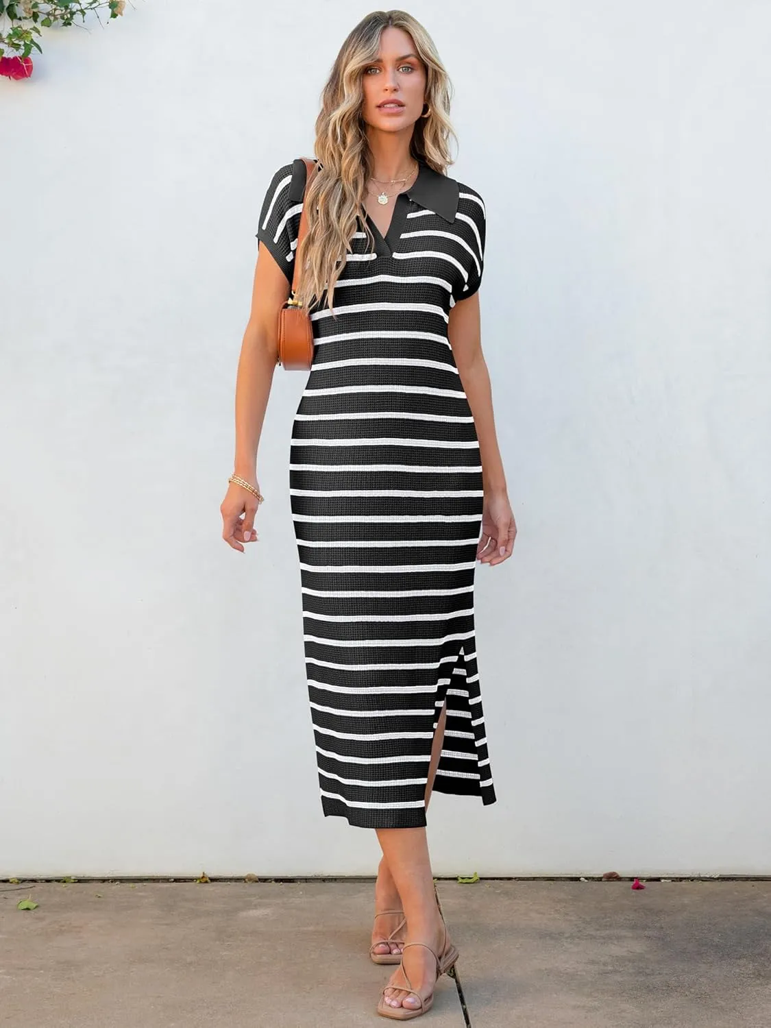 ANRABESS Women's Summer Striped Midi Dress 2025 Casual Short Sleeve V Neck Loose Knitted Side Slit Long Beach Dresses