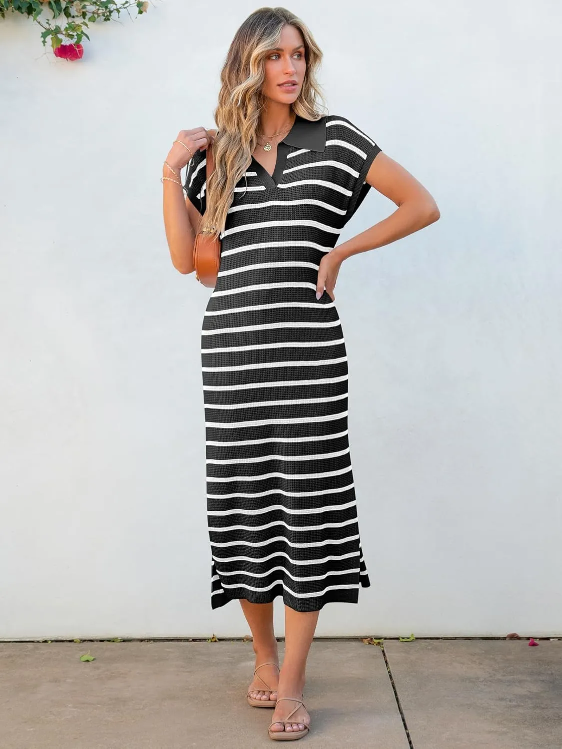 ANRABESS Women's Summer Striped Midi Dress 2025 Casual Short Sleeve V Neck Loose Knitted Side Slit Long Beach Dresses