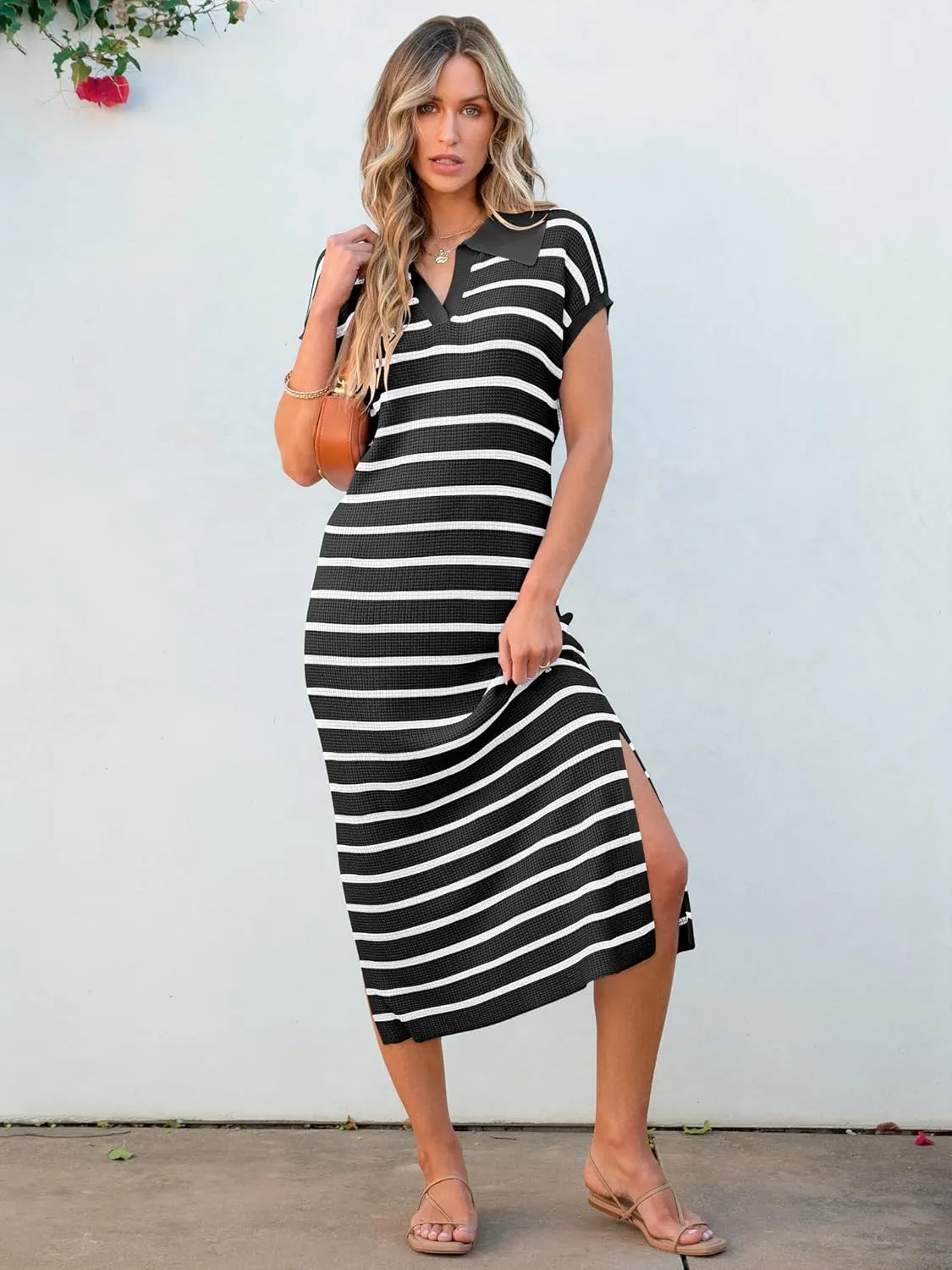 ANRABESS Women's Summer Striped Midi Dress 2025 Casual Short Sleeve V Neck Loose Knitted Side Slit Long Beach Dresses