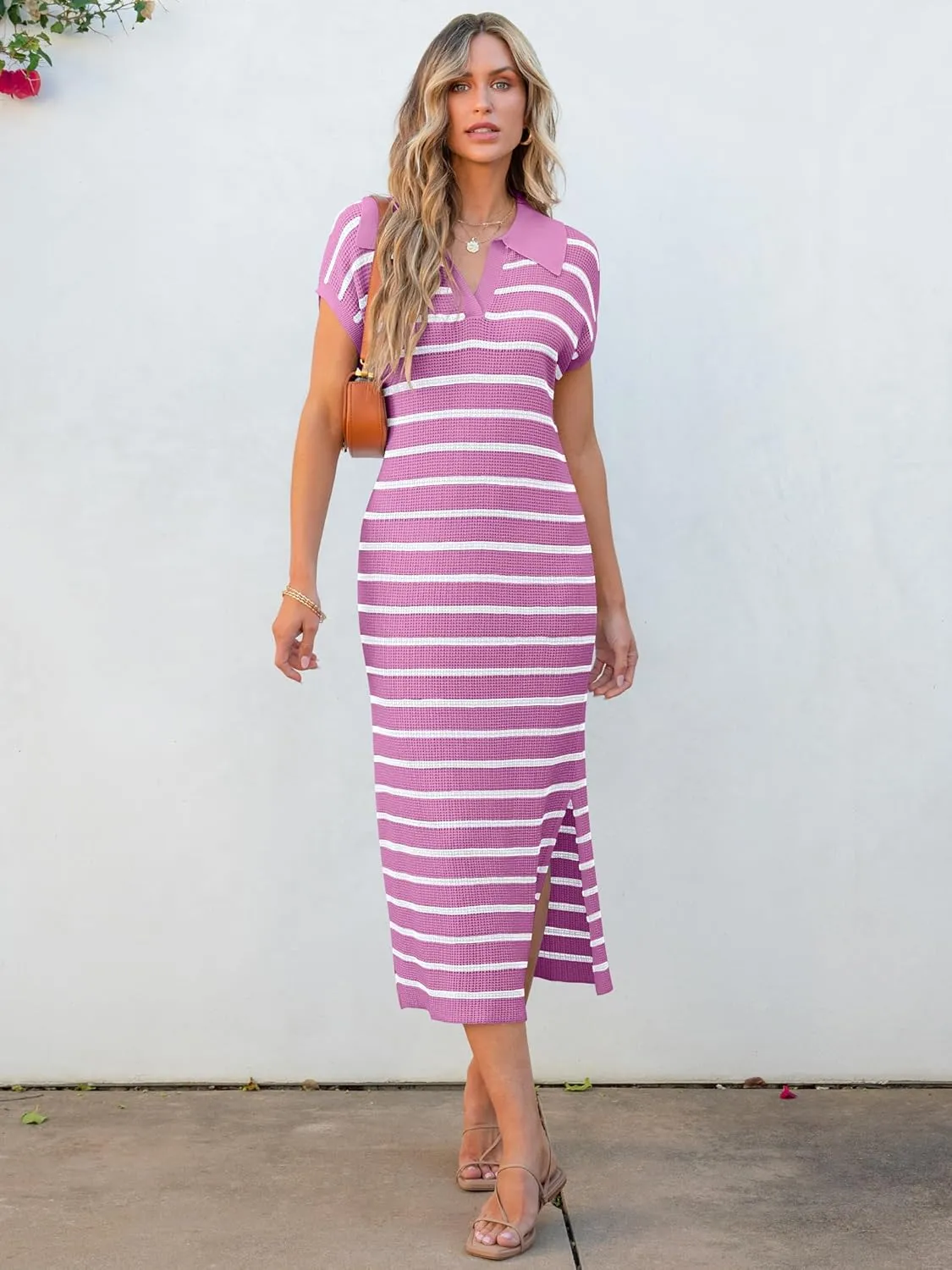 ANRABESS Women's Summer Striped Midi Dress 2025 Casual Short Sleeve V Neck Loose Knitted Side Slit Long Beach Dresses